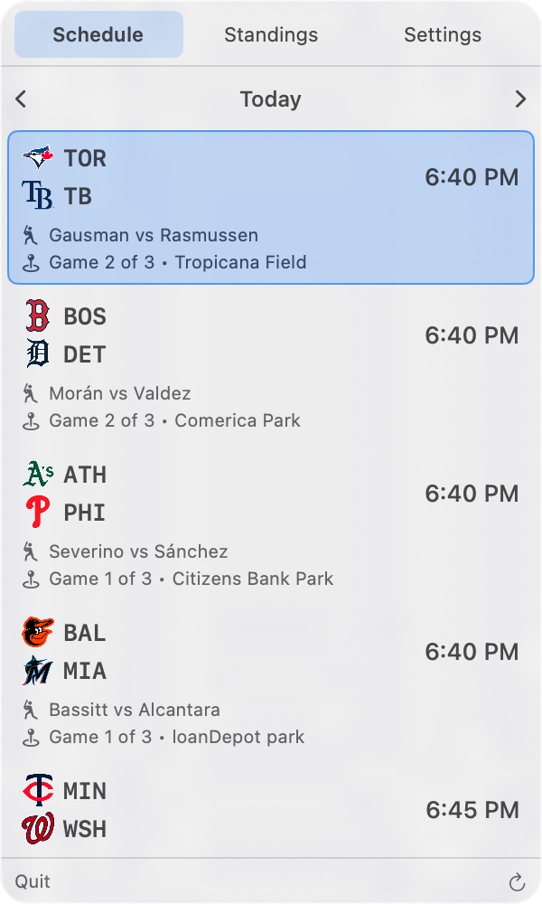 Daily MLB schedule and game details